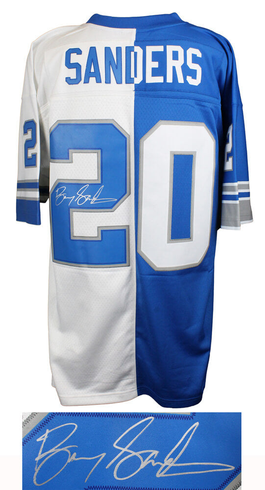 Barry Sanders Signed Detroit Lions White & Blue Mitchell & Ness Split Jersey