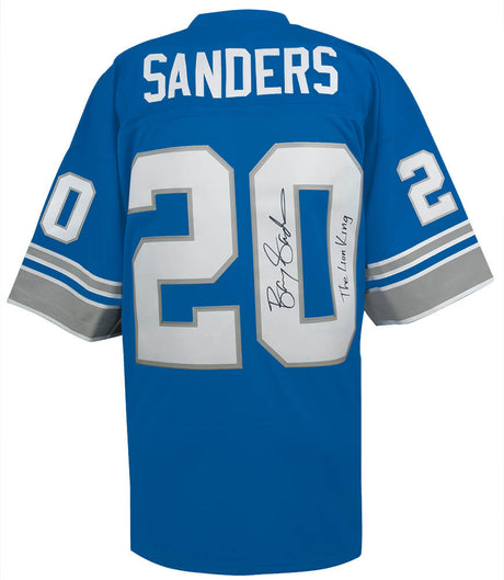 Barry Sanders Signed Detroit Lions Blue 1996 Throwback M&N NFL Legacy Football Jersey w/The Lion King
