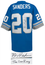 Barry Sanders Signed Detroit Lions Blue 1996 Throwback M&N NFL Legacy Football Jersey w/The Lion King