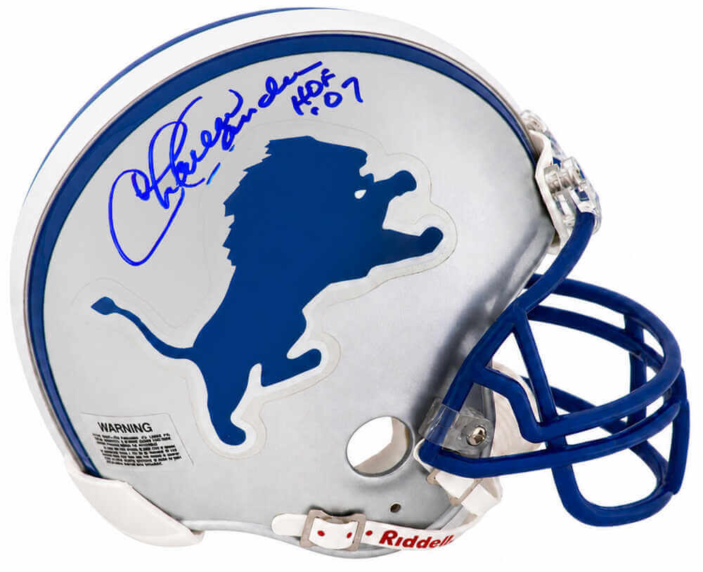 Charlie Sanders Signed Detroit Lions Throwback Riddell (VSR4) Mini Helmet w/HOF'07 - (In Blue)