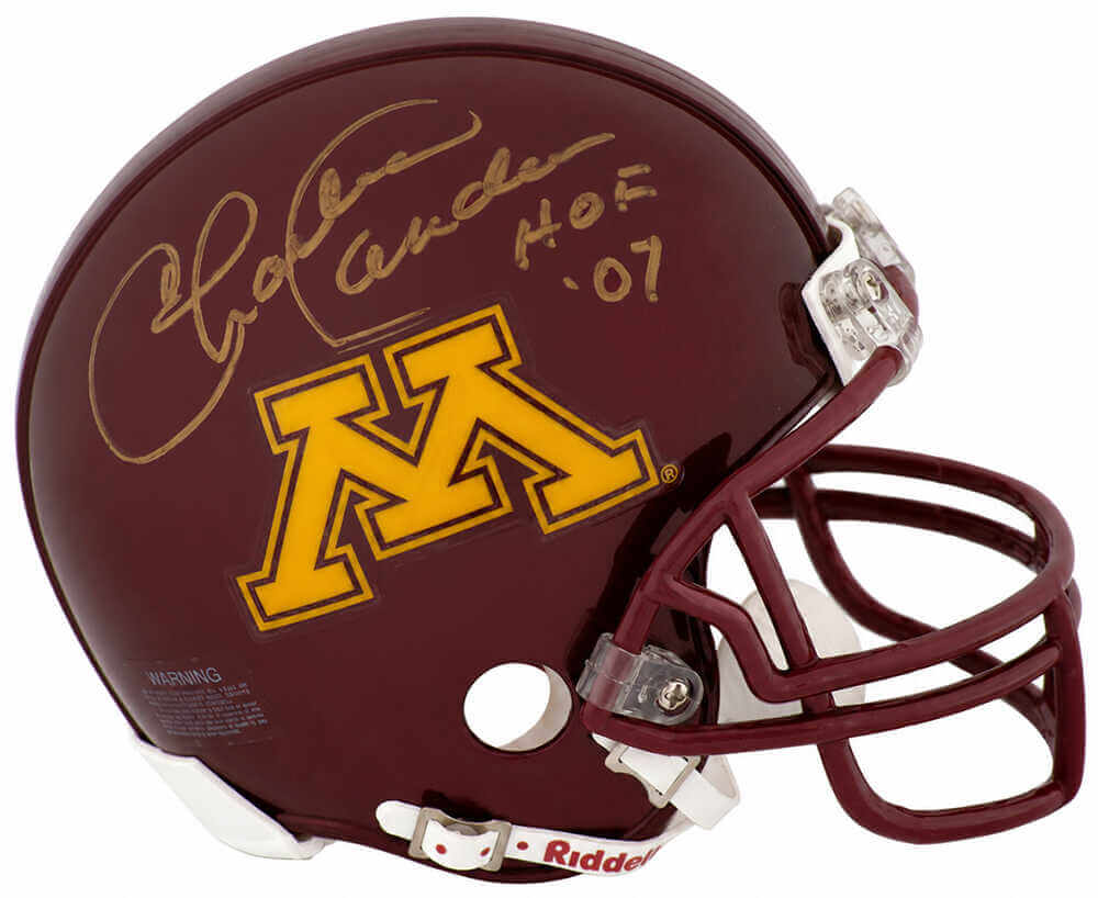 Charlie Sanders Signed Minnesta Golden Gophers Riddell Mini Helmet w/HOF'07