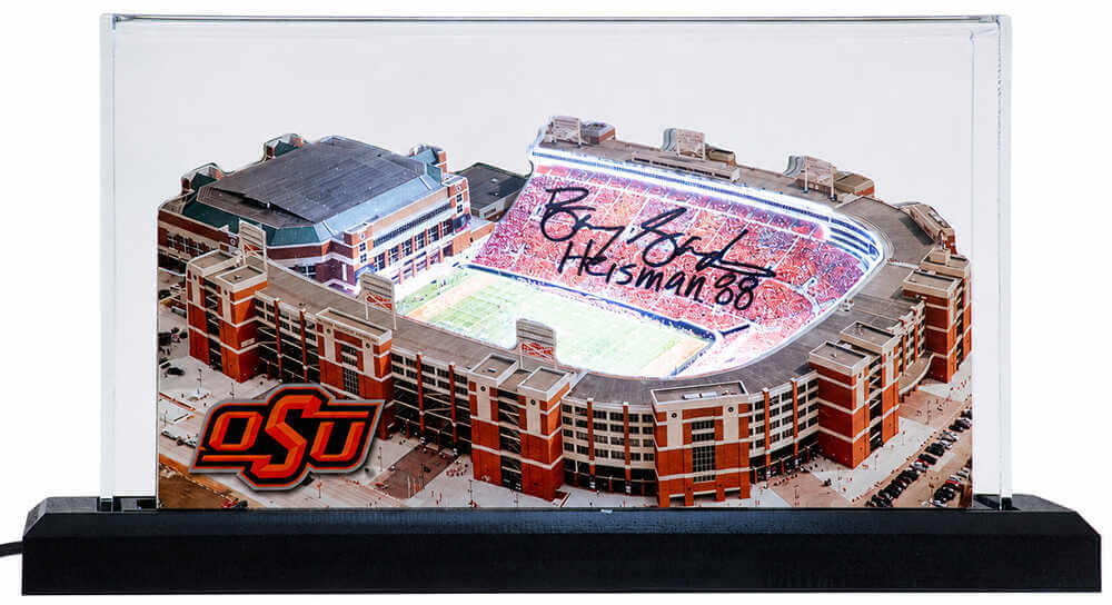 Barry Sanders Signed Oklahoma State Cowboys Boone Pickens Stadium 9-Inch Layered Wood Replica Stadium w/Heisman'88 - (With Display Case)
