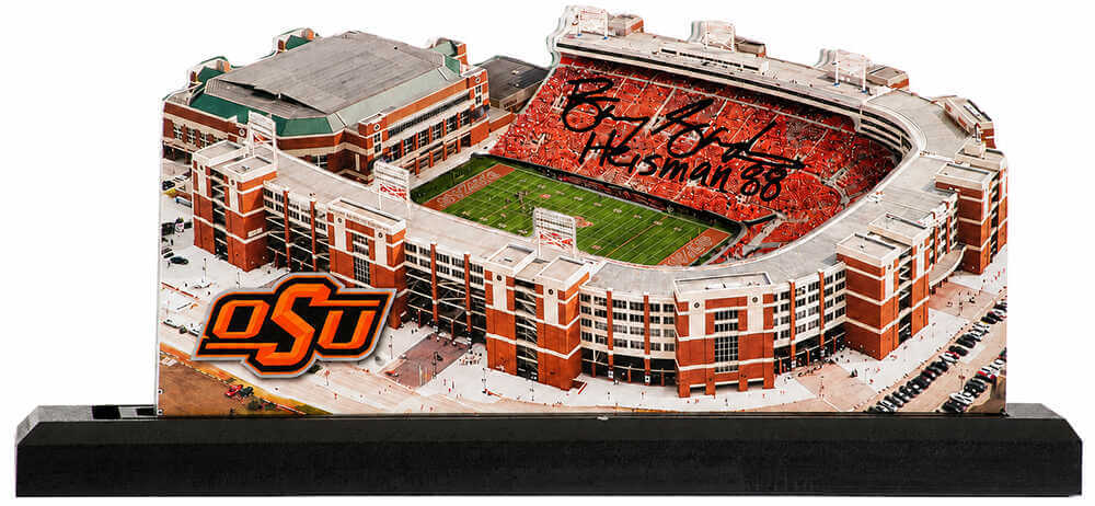 Barry Sanders Signed Oklahoma State Cowboys Boone Pickens Stadium 9-Inch Layered Wood Replica Stadium w/Heisman'88 - (With Display Case)