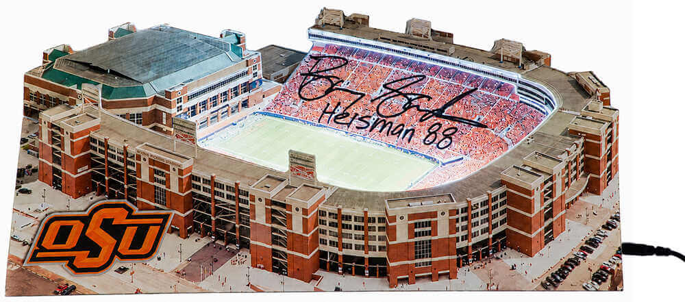 Barry Sanders Signed Oklahoma State Cowboys Boone Pickens Stadium 13-Inch Layered Wood Replica Stadium w/Heisman'88