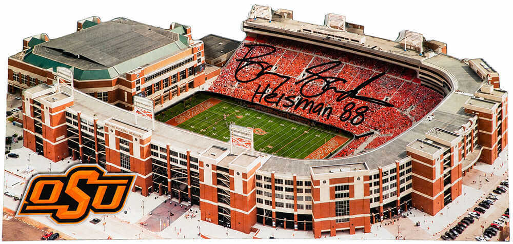 Barry Sanders Signed Oklahoma State Cowboys Boone Pickens Stadium 13-Inch Layered Wood Replica Stadium w/Heisman'88