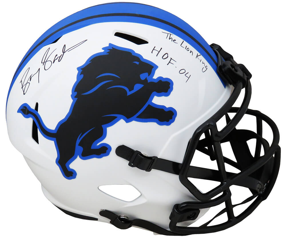 Barry Sanders Signed Detroit Lions Lunar Eclipse White Matte Riddell Speed Full Size Replica Helmet w/HOF'04, The Lion King
