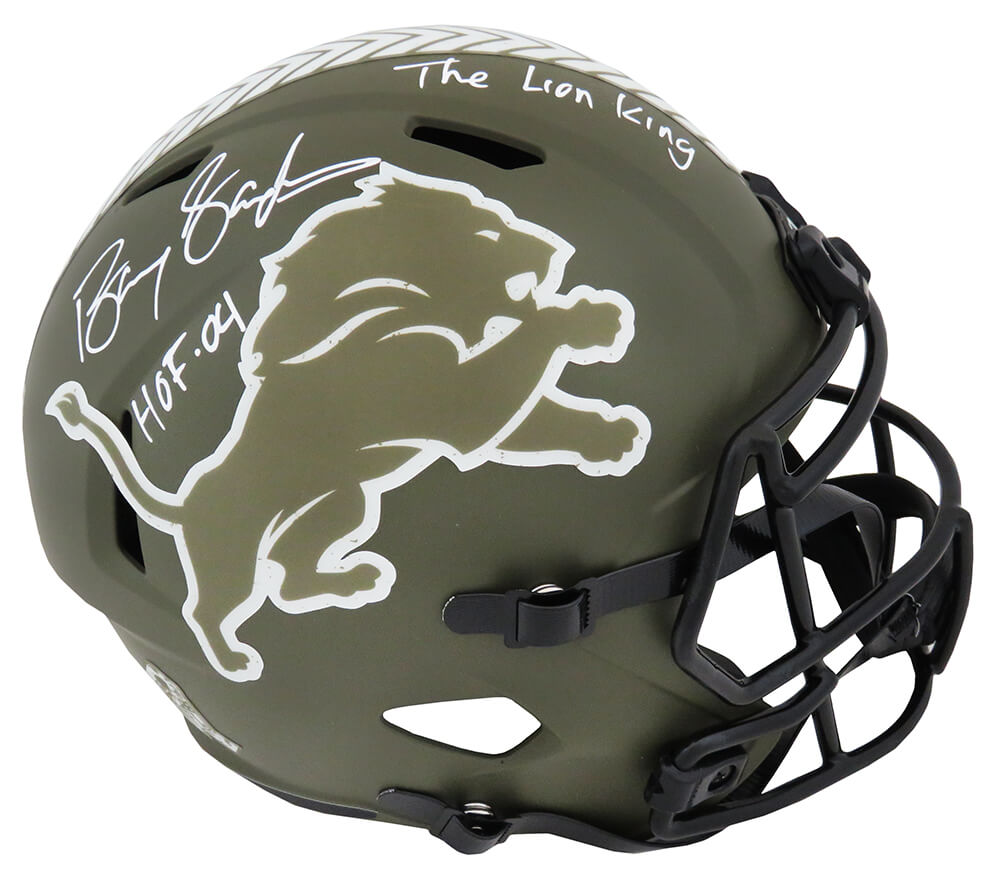 Barry Sanders Signed Detroit Lions Salute to Service Riddell Speed Full Size Replica Helmet w/HOF'04, The Lion King