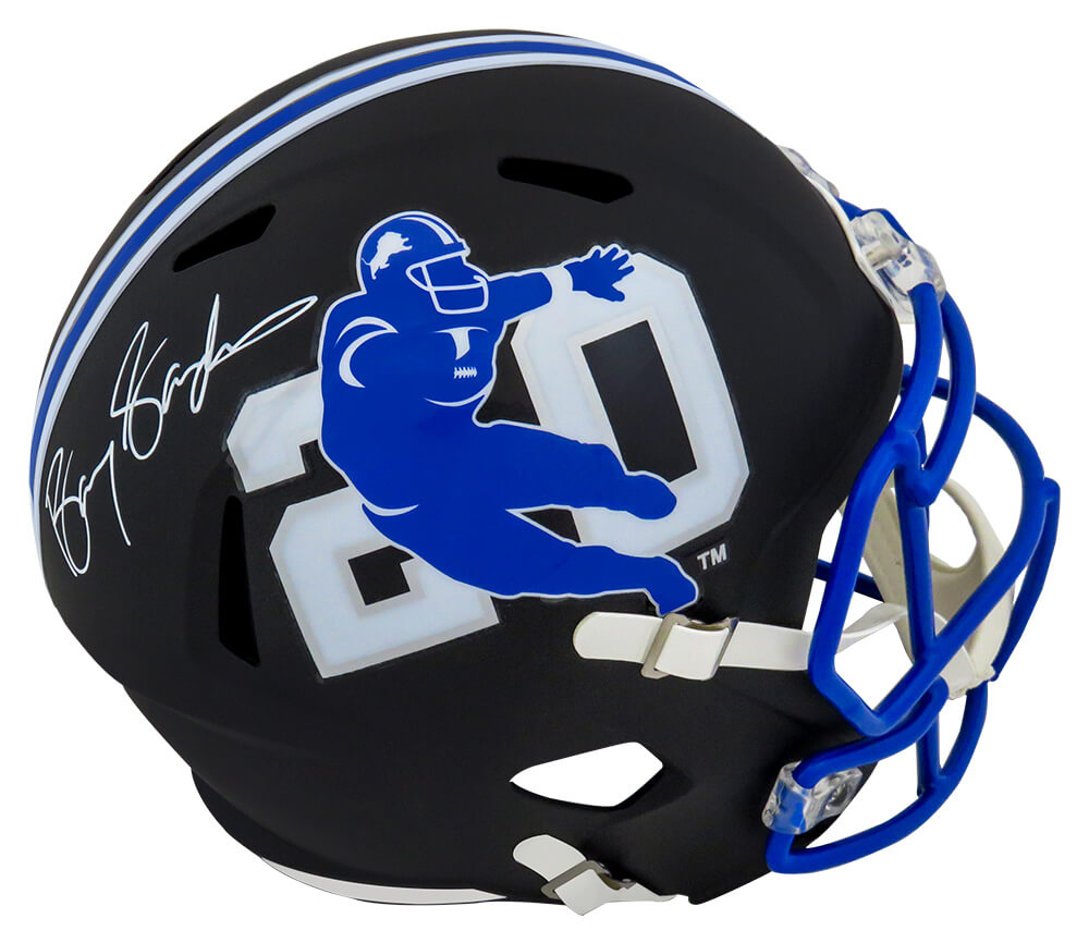 Barry Sanders Signed Detroit Lions Barry Sanders Logo Black Riddell Full Size Speed Replica Helmet