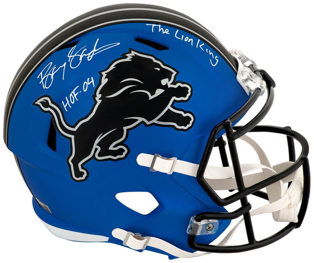Barry Sanders Signed Detroit Lions 2024 Alt Blue Riddell Full Size Speed Replica Helmet w/HOF 04, The Lion King