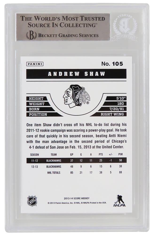 Andrew Shaw Signed Chicago Blackhawks 2013-14 Score Hockey Trading Card #105 - (Beckett Encapsulated)