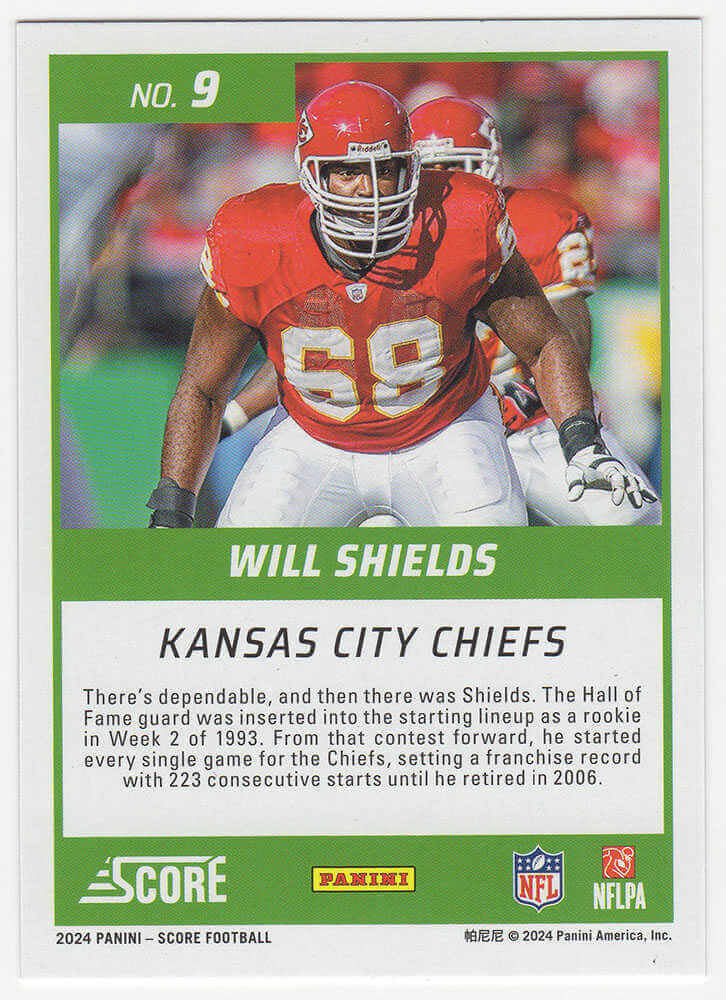 Will Shields Signed Kansas City Chiefs 2024 Score Hall of Fame Football Trading Card #9 w/HOF'15