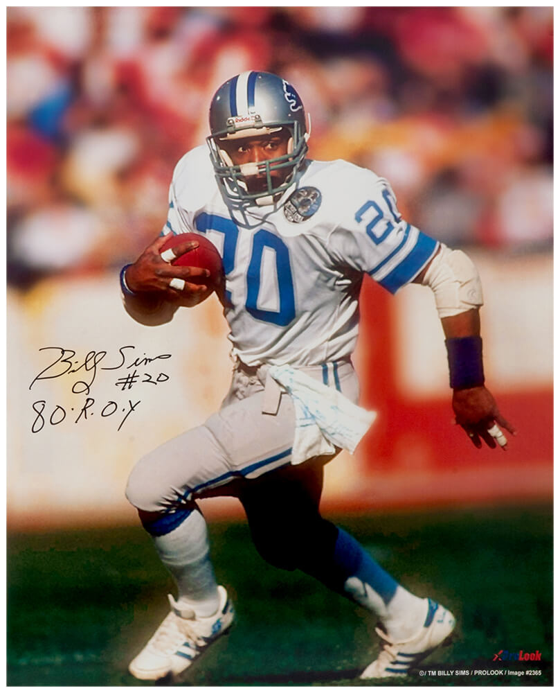 Billy Sims Signed Detroit Lions White Jersey Running 16x20 Photo w/80 ROY