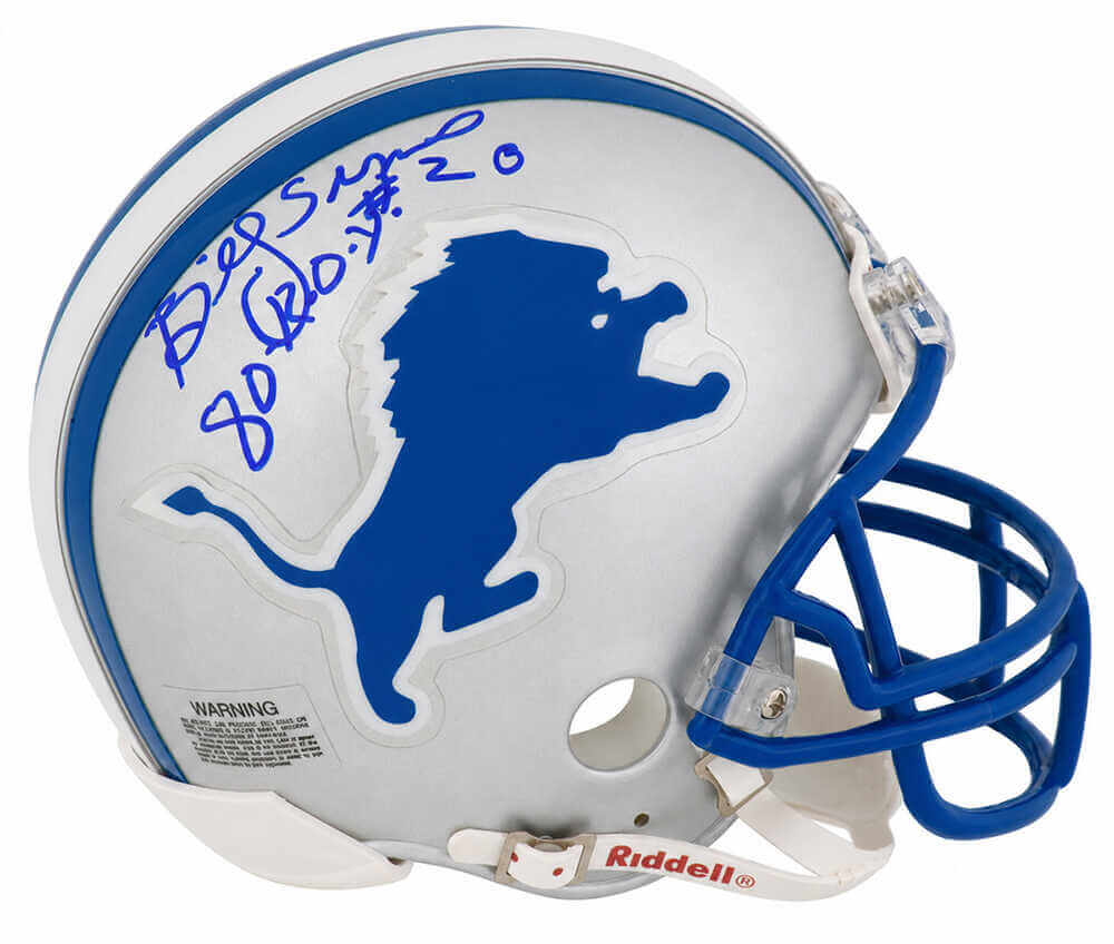 Billy SIms Signed Detroit Lions Throwback Riddell (VSR4) Mini Helmet w/80 ROY