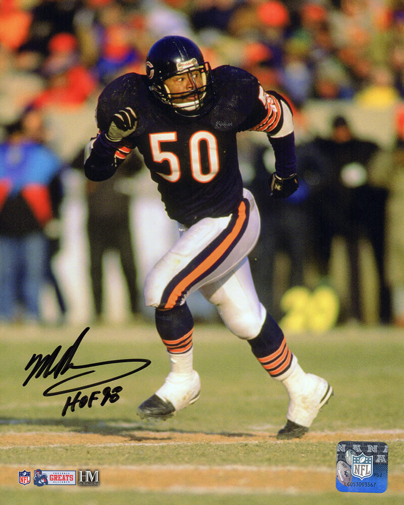 Mike Singletary Signed Chicago Bears Navy Jersey Action 8x10 Photo w/HOF'98 (In Black)