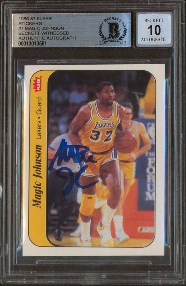 Lakers Magic Johnson Signed 1986 Fleer Stickers #7 Card Auto 10! BAS Slabbed