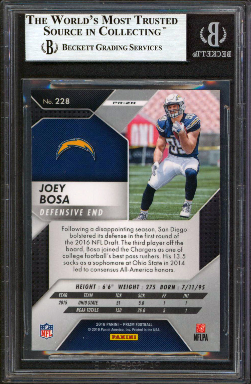 Chargers Joey Bosa Authentic Signed 2016 Panini Prizm #228 RC Card BAS Slabbed 9