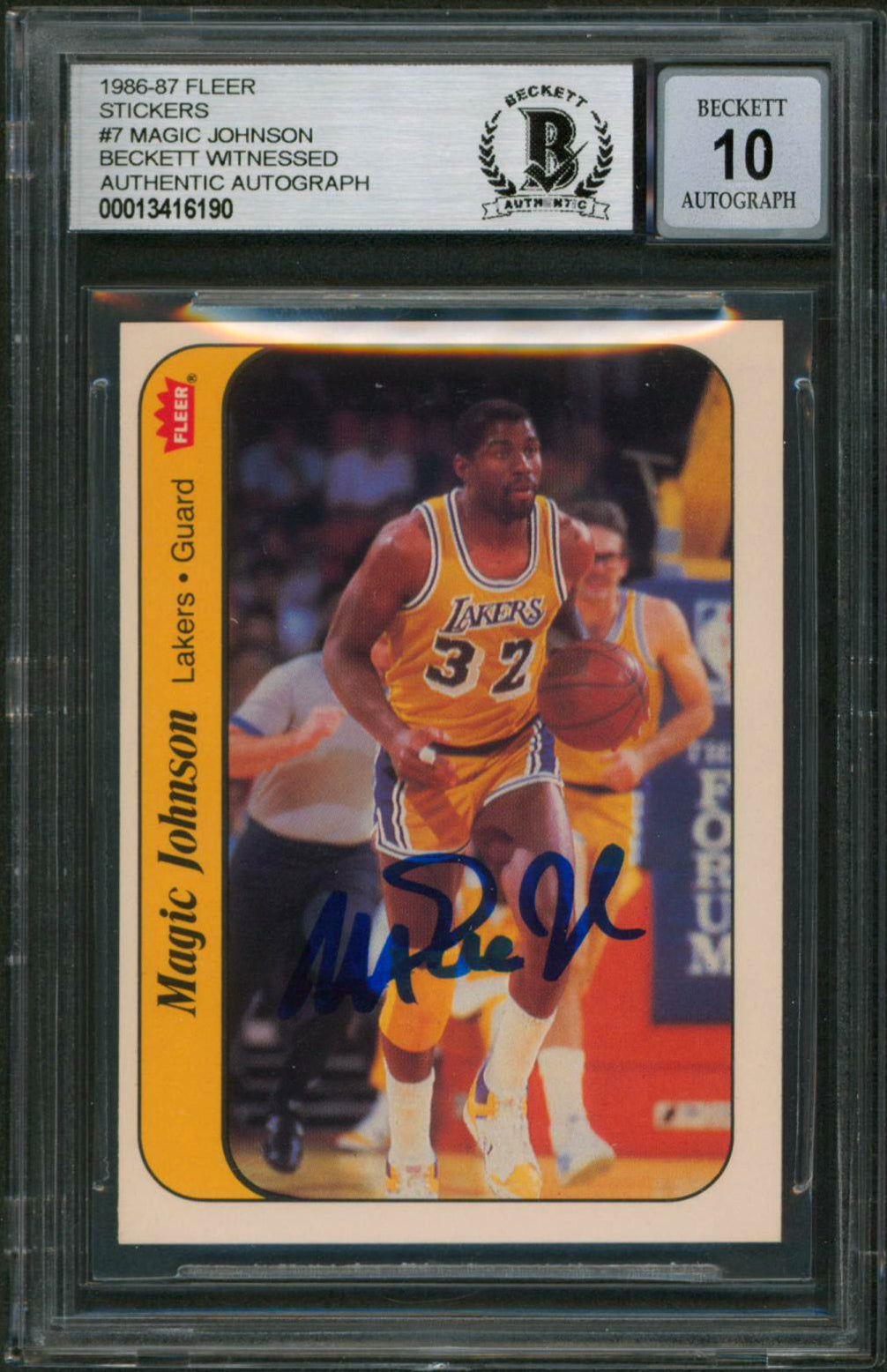 Lakers Magic Johnson Signed 1986 Fleer Stickers #7 Card Auto 10! BAS Slabbed