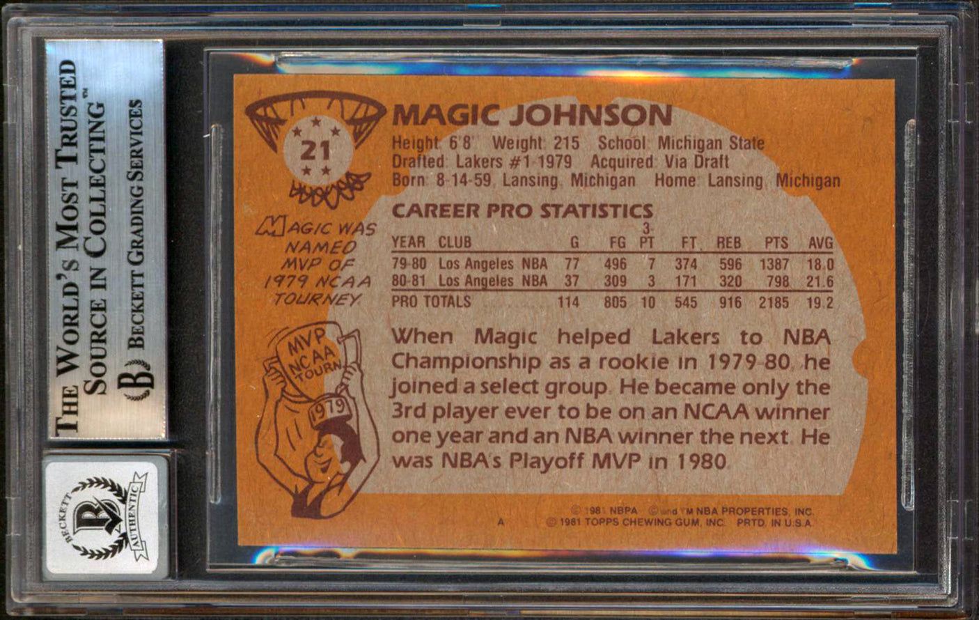 Lakers Magic Johnson "HOF 02" Signed 1981 Topps #21 Card Auto 10! BAS Slabbed 1