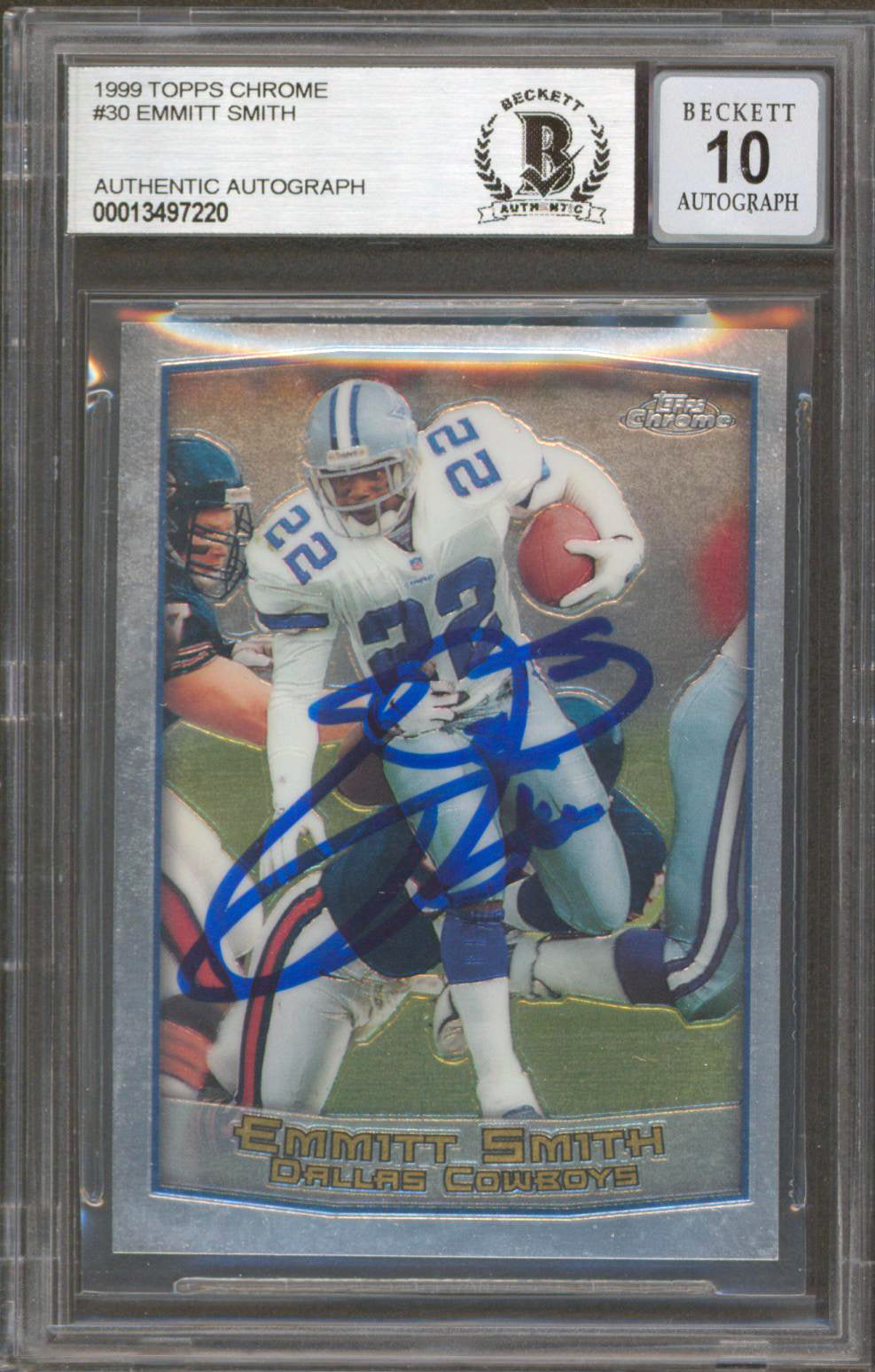 Cowboys Emmitt Smith Signed 1999 Topps Chrome #30 Card Auto Graded 10! BAS Slab