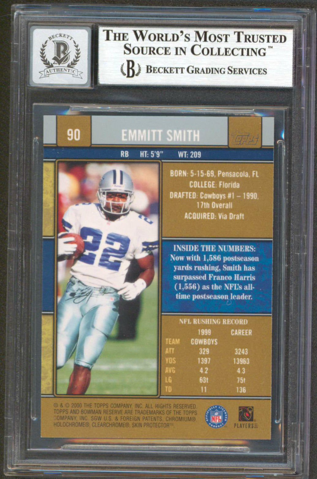 Cowboys Emmitt Smith Signed 2000 Bowman Reserve #90 Card Auto 10! BAS Slabbed