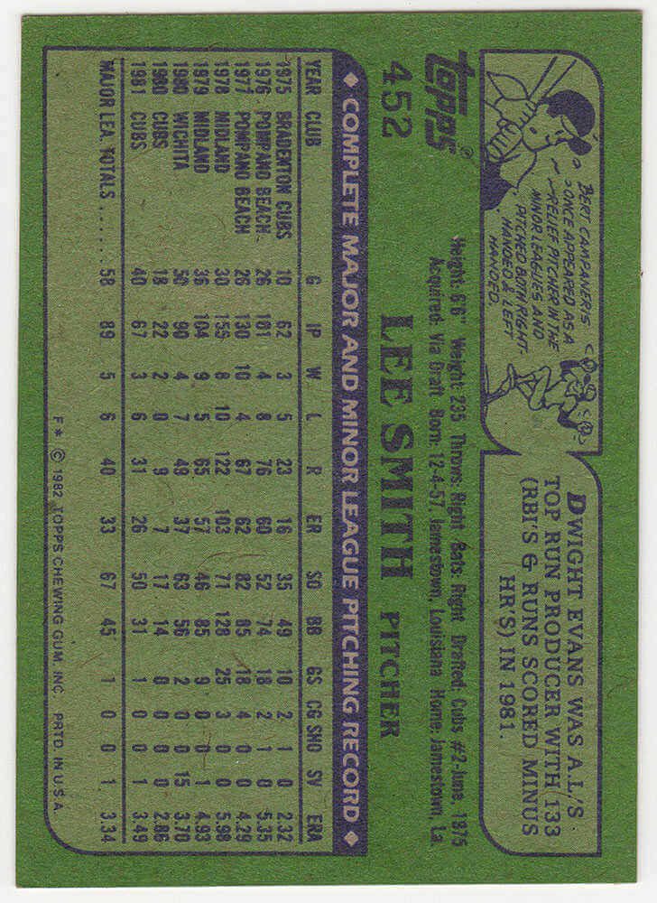 Lee Smith Signed Chicago Cubs 1982 Topps Rookie Baseball Card #452