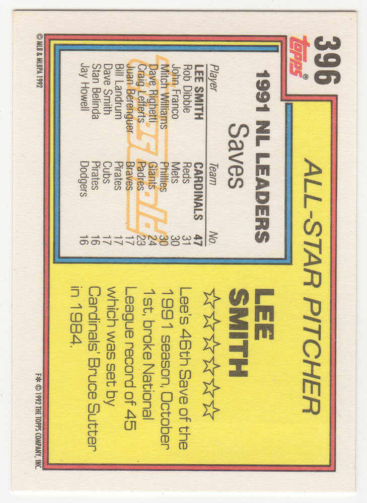 Lee Smith Signed St Louis Cardinals 1992 Topps GOLD All Star Baseball Trading Card #396
