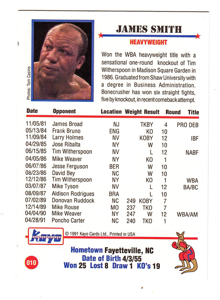 James Smith Signed 1991 Kayo Boxing Trading Card #10 w/Bonecrusher