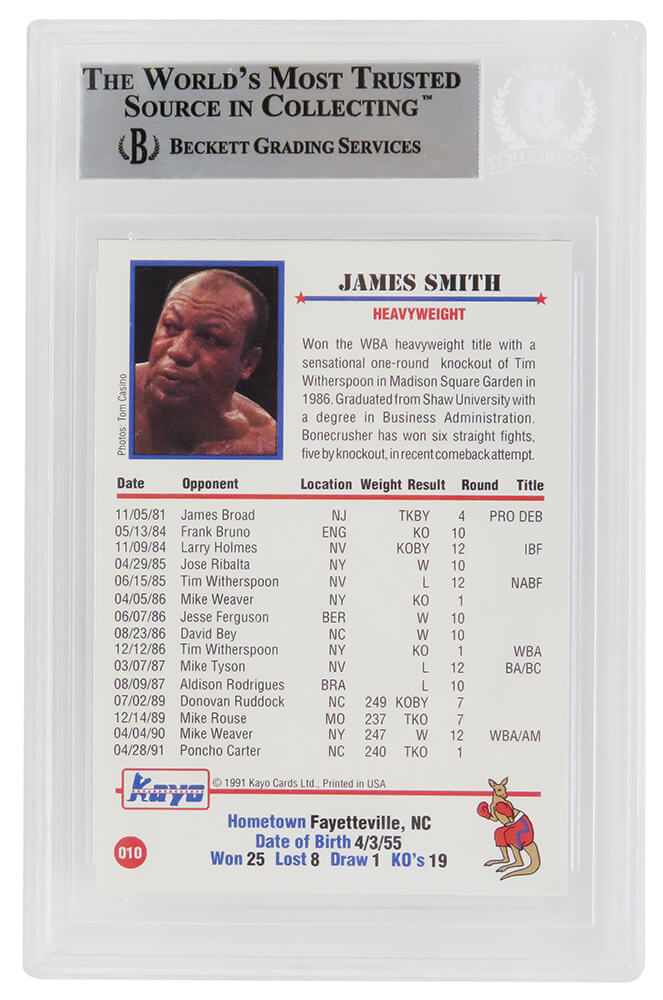 James Smith Signed 1991 Kayo Boxing Trading Card #110 w/Bonecrusher - (Beckett Encapsulated)