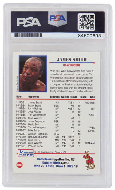 James Smith Signed 1991 Kayo Boxing Trading Card #10 w/Bonecrusher - (PSA/DNA Encapsulated)