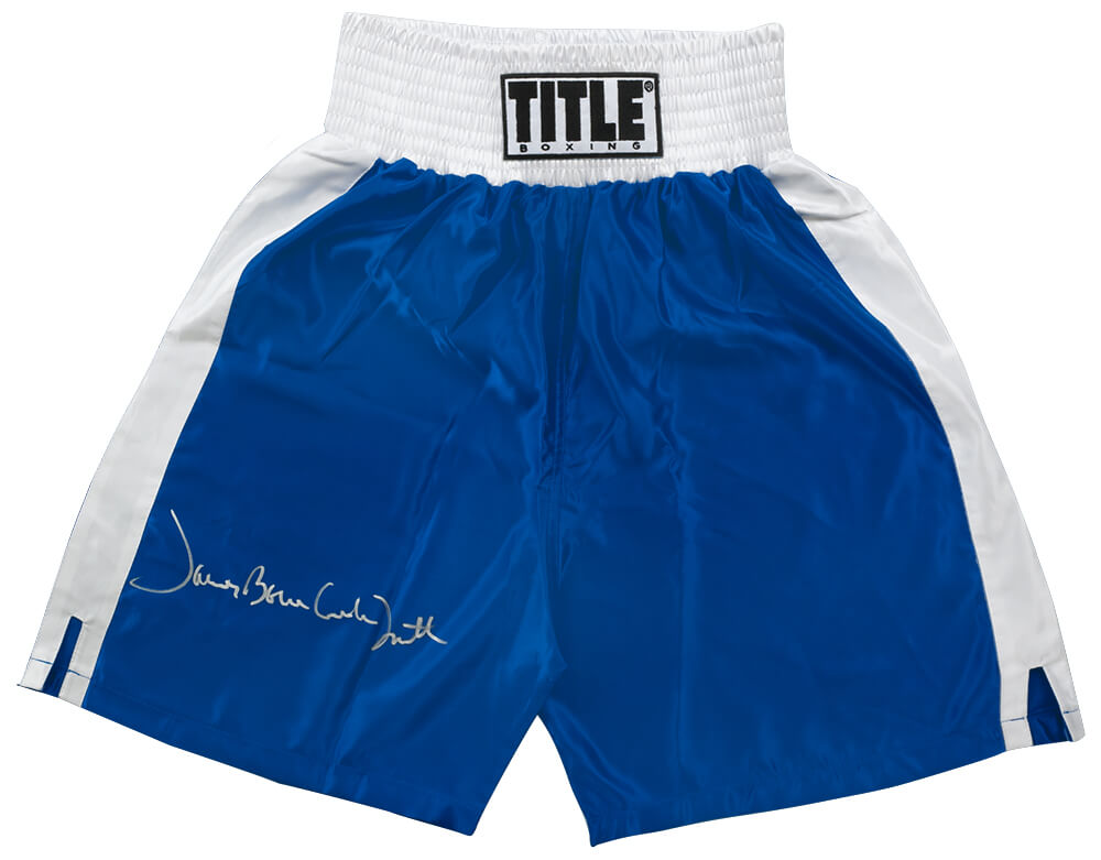 James 'Bonecrusher' Smith Signed Title Blue With White Trim Boxing Trunks