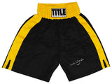 Michael (Mike) Spinks Signed Title Black With Gold Trim Boxing Trunks w/Jinx