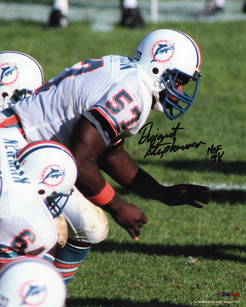 Dwight Stephenson Signed Miami Dolphins White Jersey Stance 8x10 Photo w/HOF'98