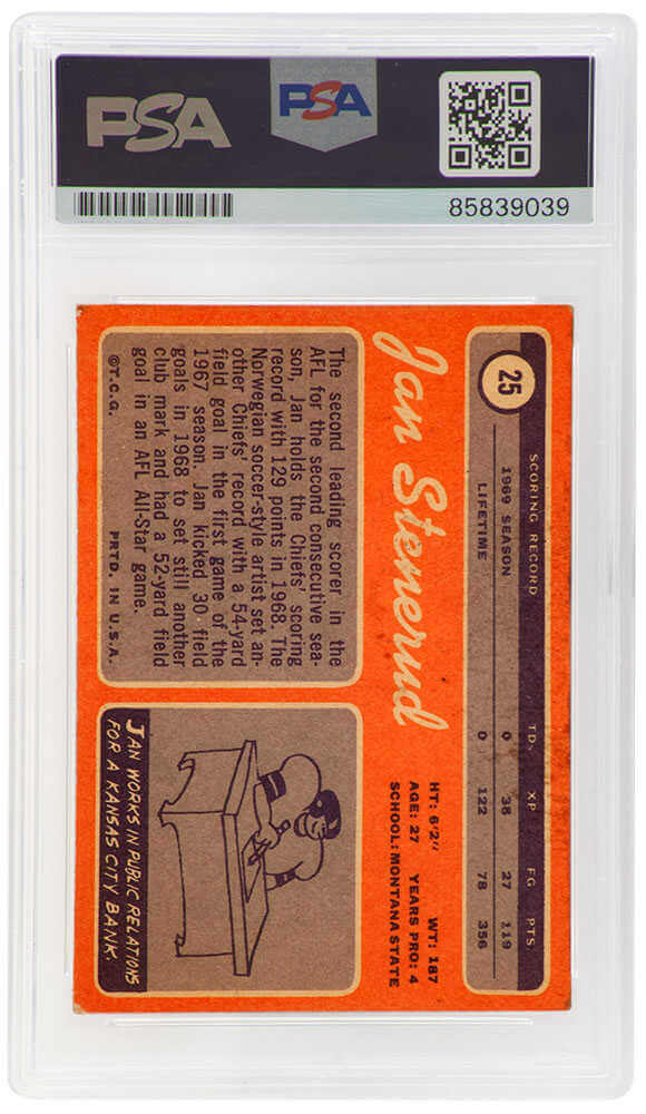 Jan Stenerud Signed Kansas City Chiefs 1970 Topps Rookie Football Card #25 w/HOF'91 - (PSA Encapsulated)