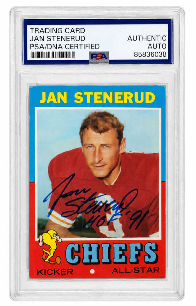 Jan Stenerud Signed Kansas City Chiefs 1971 Topps Football Card #61 w/HOF'91 - (PSA Encapsulated)