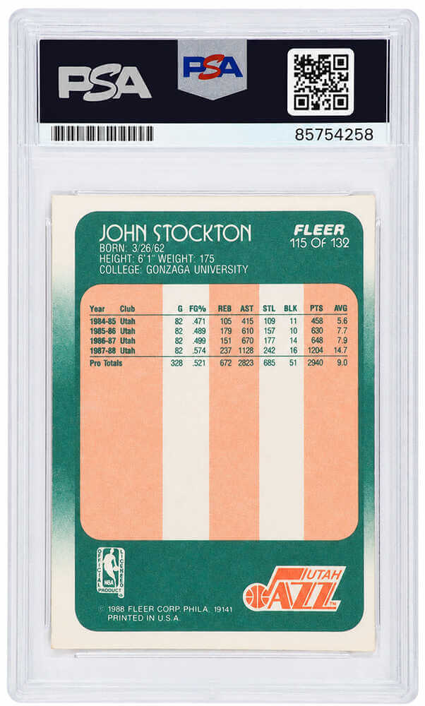 John Stockton Signed Utah Jazz 1988 Fleer Rookie Basketball Card #115 - (PSA Encapsulated - Auto Grade 10)