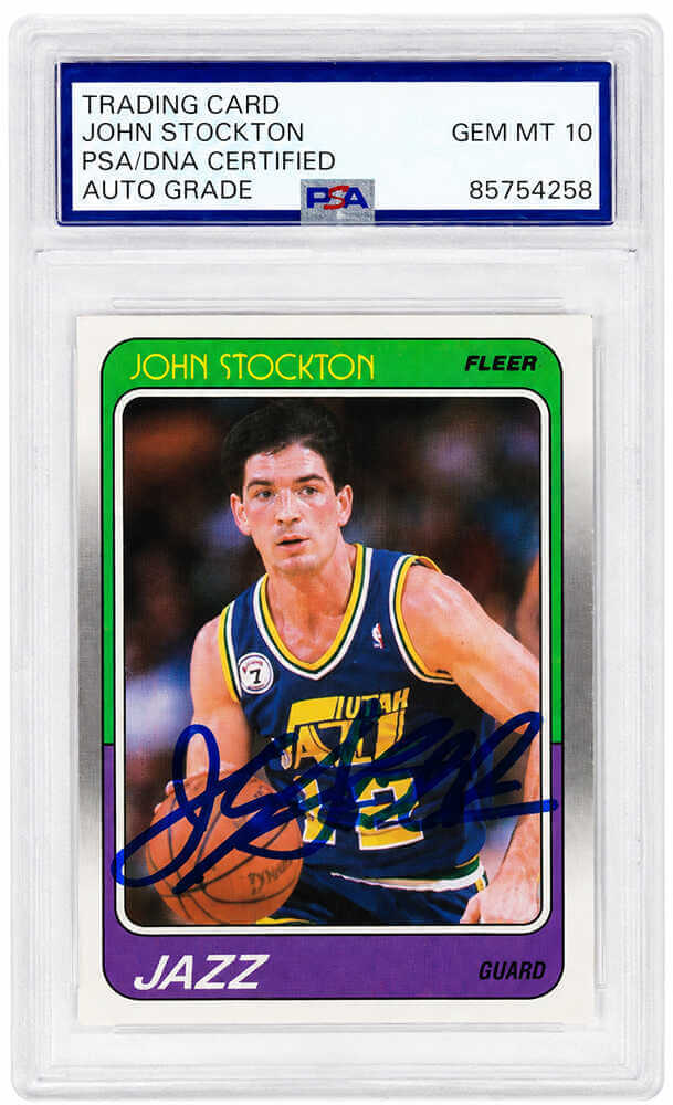 John Stockton Signed Utah Jazz 1988 Fleer Rookie Basketball Card #115 - (PSA Encapsulated - Auto Grade 10)