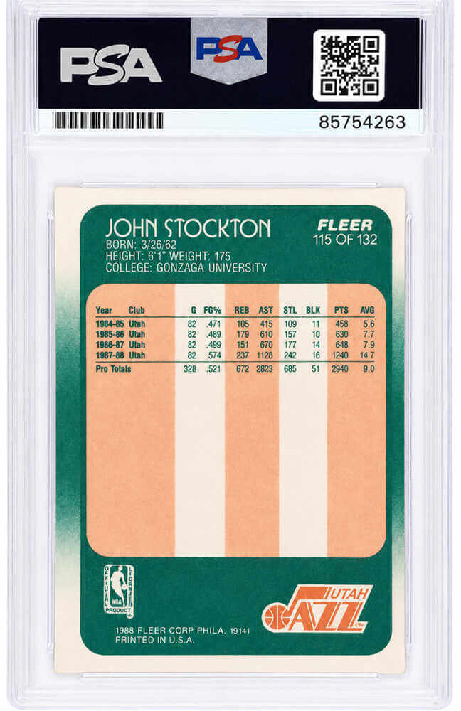 John Stockton Signed Utah Jazz 1988 Fleer Rookie Basketball Card #115 - (PSA Encapsulated - Auto Grade 9)