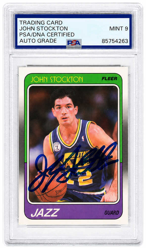 John Stockton Signed Utah Jazz 1988 Fleer Rookie Basketball Card #115 - (PSA Encapsulated - Auto Grade 9)