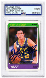 John Stockton Signed Utah Jazz 1988 Fleer Rookie Basketball Card #115 - (PSA Encapsulated - Auto Grade 9)