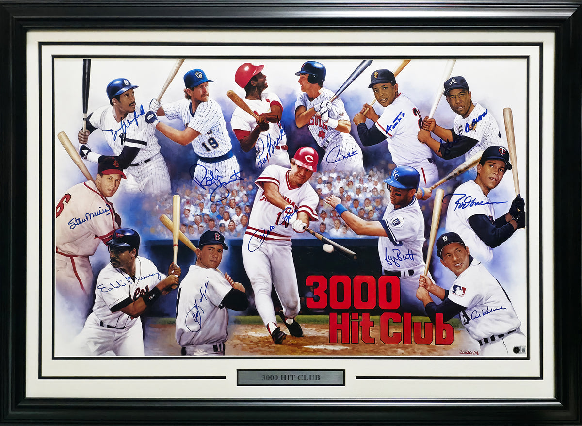 3000 Hit Club Autographed Framed 24x36 Lithograph With 13 Signatures Including Willie Mays & Hank Aaron Beckett BAS QR Stock #267821