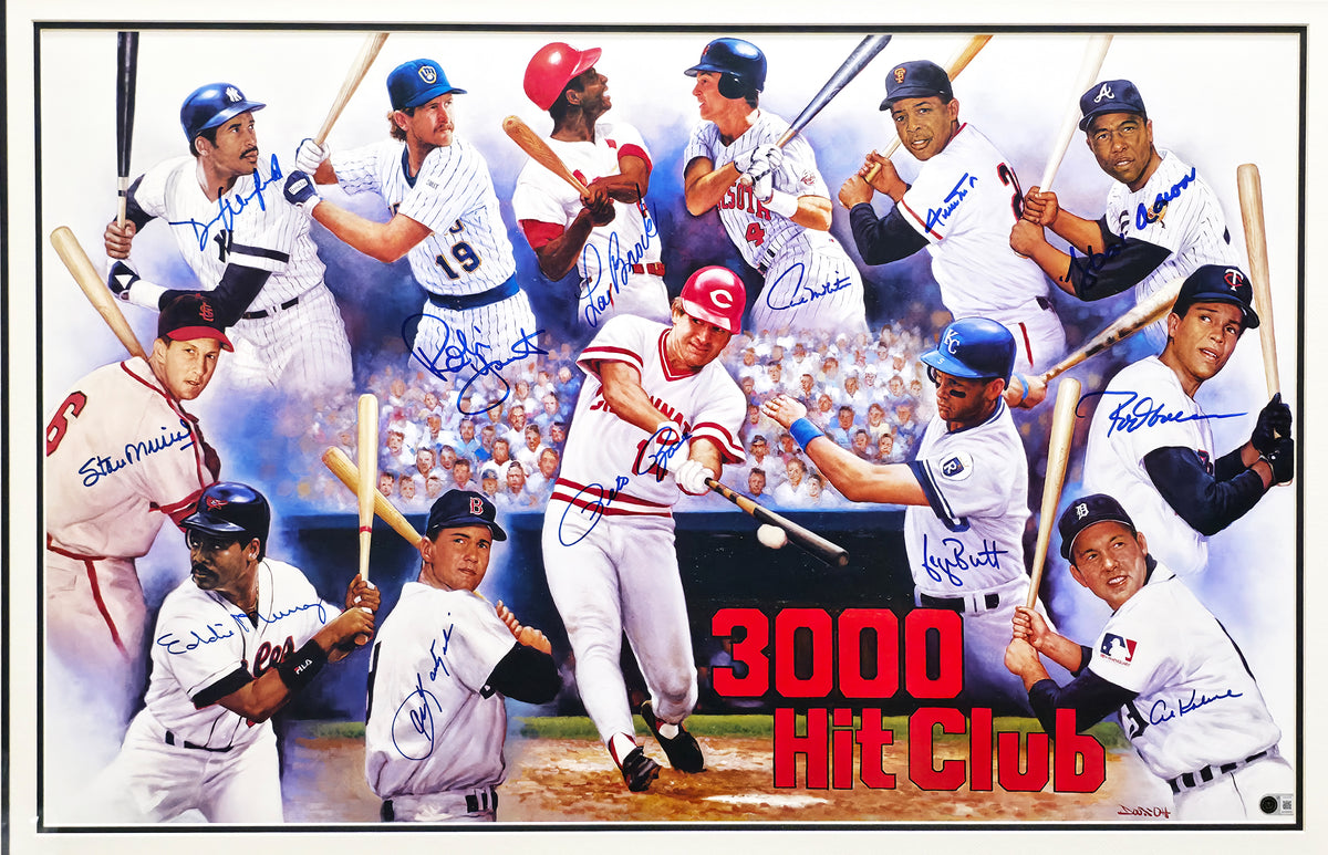 3000 Hit Club Autographed Framed 24x36 Lithograph With 13 Signatures Including Willie Mays & Hank Aaron Beckett BAS QR Stock #267821