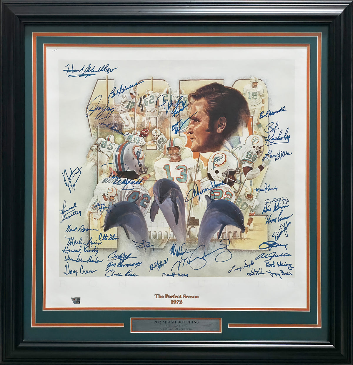 1972 Miami Dolphins Perfect Season Team Autographed Framed 24x24 Lithograph With 40 Signatures Including Don Shula & Bob Griese Fanatics Holo Stock #267823