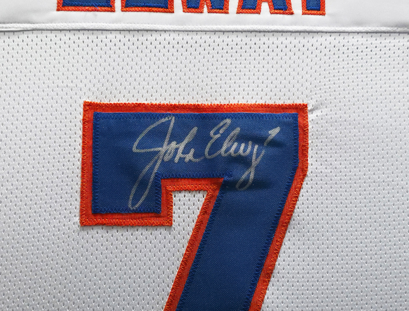 Denver Broncos John Elway Autographed Framed White Jersey Beckett BAS Witness Stock #253342