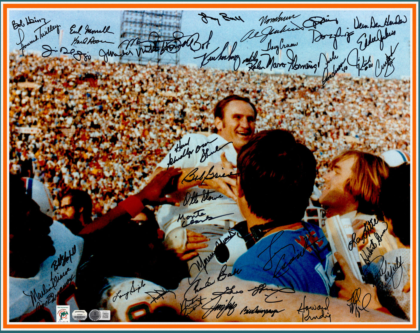 1972 Miami Dolphins Perfect Season Team Autographed Framed 20x24 Photo With 40+ Signatures Including Don Shula & Bob Griese Beckett BAS QR Stock #252816