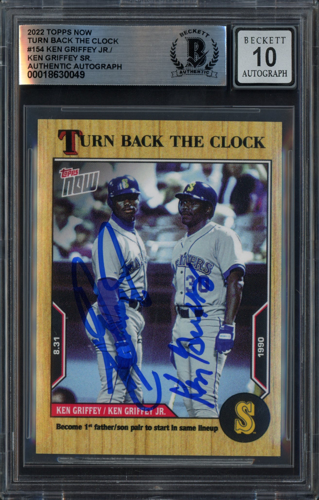 Ken Griffey Jr. & Sr. Autographed 2022 Topps Now Card #154 Seattle Mariners Auto Grade Gem Mint 10 Beckett BAS Stock #253726