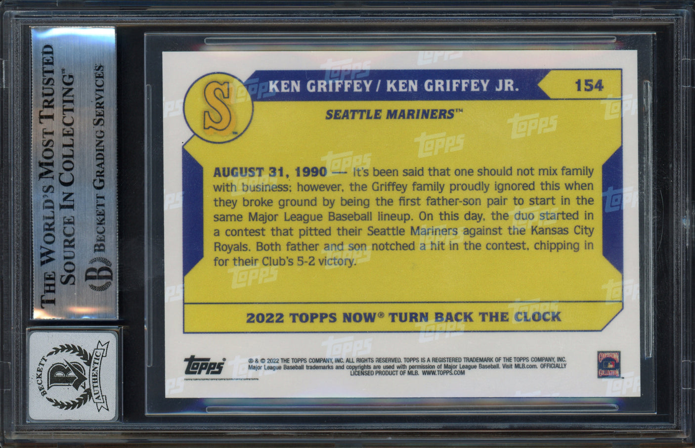 Ken Griffey Jr. & Sr. Autographed 2022 Topps Now Card #154 Seattle Mariners Auto Grade Gem Mint 10 Beckett BAS Stock #253726