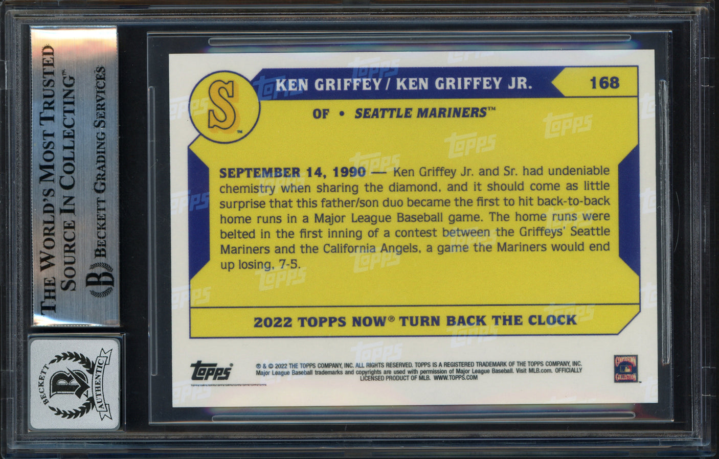 Ken Griffey Jr. & Sr. Autographed 2022 Topps Now Card #168 Seattle Mariners Auto Grade Gem Mint 10 Beckett BAS Stock #253727