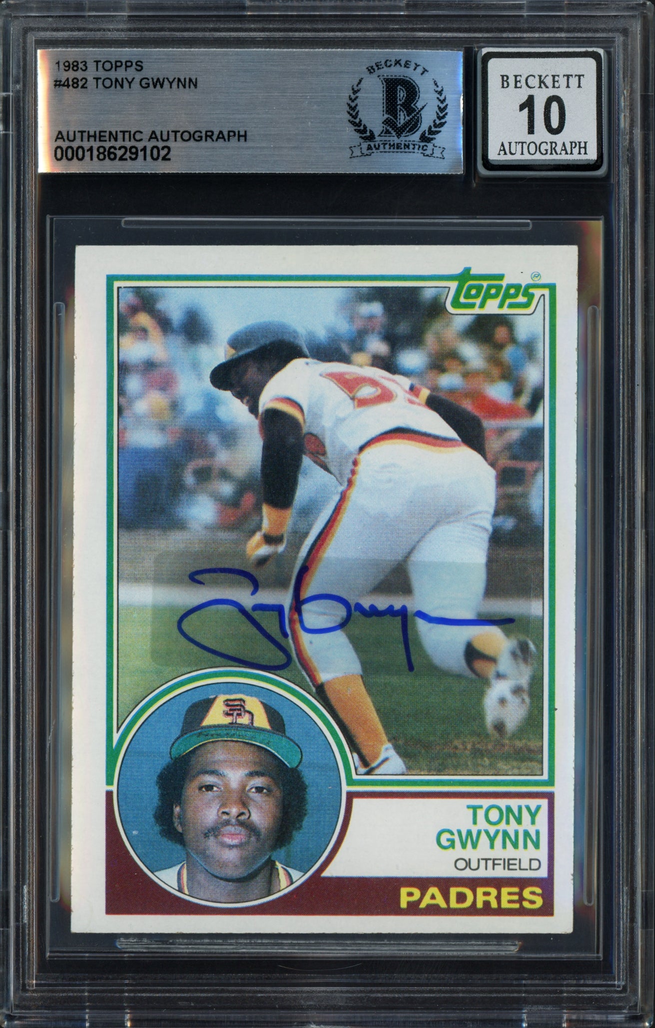 Tony Gwynn Autographed 1983 Topps Rookie Card #482 San Diego Padres Auto Grade Gem Mint 10 (Aftermarket Sticker) Beckett BAS Stock #253728