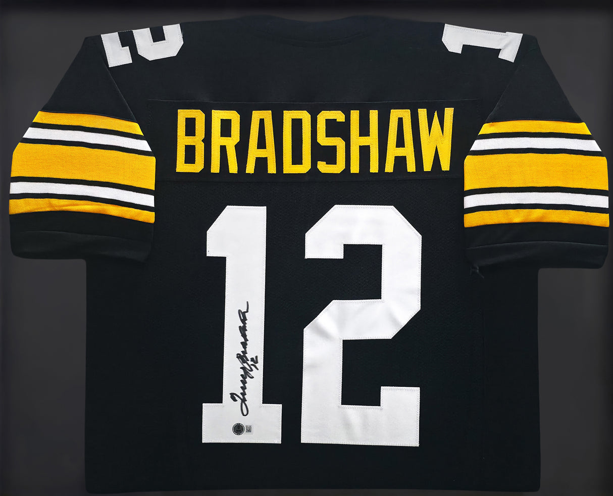 Pittsburgh Steelers Terry Bradshaw Autographed Framed Black Jersey Beckett BAS Witness Stock #252815