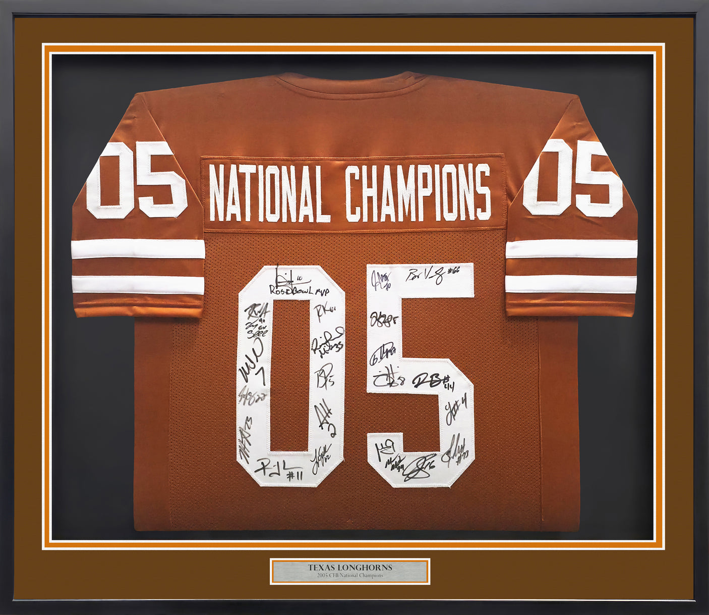 2005 National Champions Texas Longhorns Autographed Framed Orange Jersey With 24 Signatures Including Vince Young Beckett BAS QR Stock #252809